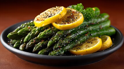 Blanched asparagus arranged neatly with lemon slices and black pepper