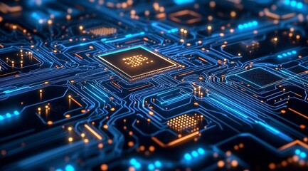 Close-up of a glowing computer circuit board with a central processing unit