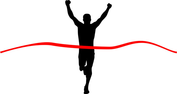 Triumphant runner crossing finish line victory celebration athletic success marathon race competition achievement speed endurance willpower determination goal success hard work effort training