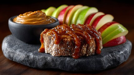Apple slices dipped in almond butter placed on a slate platter