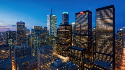 Obraz premium Toronto Financial District seen at blue hour with lights glowing in geometric high-rise towers..