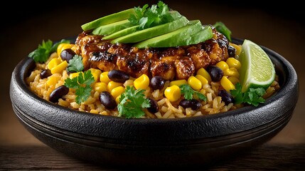 Brown rice bowl with avocado, black beans, corn, and lime wedges