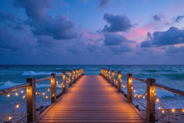 Fototapeta premium wooden walkway leading to the ocean with string lights