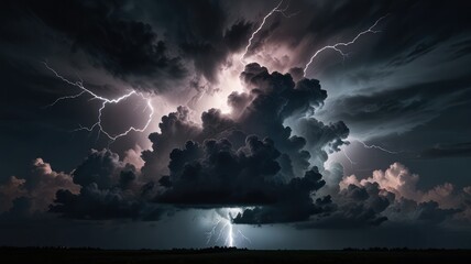 A dramatic, dark cumulonimbus cloud explodes with intense, branching lightning strikes, illuminating the ominous, stormy sky above a flat, dark landscape