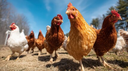 Under a bright blue sky, chickens wander freely on nutrient-rich pasture, part of a zero-waste egg farming system..