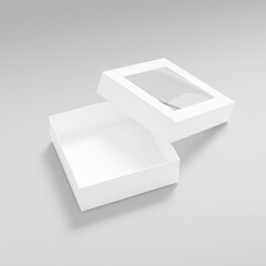paper box packaging mockup, luxury gift box with window display, white paperboard rectangular packaging, square shape cardboard box with clear pvc window, elegent perfume packaging