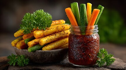 Celery and carrot sticks arranged in a mason jar with dip