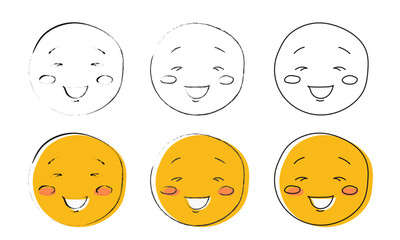 Cute hand-drawn smiley faces in sketch and color styles, showing happy expressions. Playful emoji illustrations ideal for kids' content, stickers, or fun design elements.