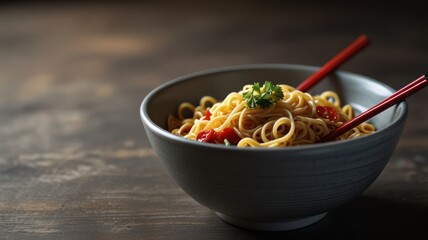 A gray bowl of light-colored noodles with diced tomatoes and parsley sits on a dark wooden surface, alongside red chopsticks