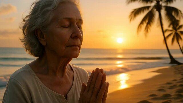 Ederly woman meditating and praying on beach