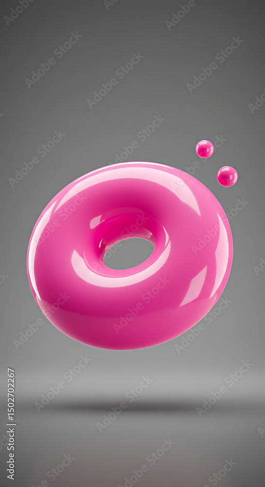 Poster pink donut shaped abstract 3d render with floating spheres glossy vibrant design element
