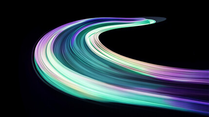 A radiant smooth flow of icy lavender and deep green light trails on dark background. 