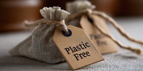 eco-friendly packaging, detailed shot of plastic free kraft paper product tags on fabric bags with clear typography, set in a cozy store setting
