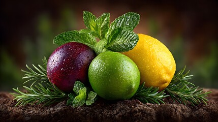 Citrus fruit arrangement surrounded by fresh ingredients