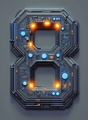 Fototapeta premium High-tech representation of the number 8 with glowing lights and circuit board design