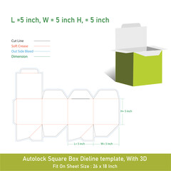 Auto lock Square box dieline template and 3D, vector file