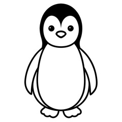 Baby penguin black and white line drawing simple on white background