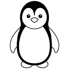 Baby penguin black and white line drawing simple on white background