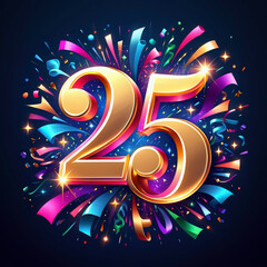 Bright, vibrant, 25th birthday illustration. Colorful number twenty-five with confetti explosion against dark background. Festive design for holiday, anniversary celebration greeting card, invitation