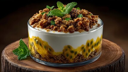 Coconut yogurt with passion fruit and toasted granola in a clear bowl