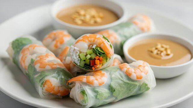 Enjoy shrimp spring rolls with two dipping sauces for a delightful dining experience