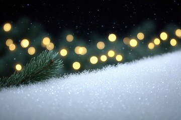 Snow-covered pine tree illuminated by warm string lights in a serene winter evening setting.