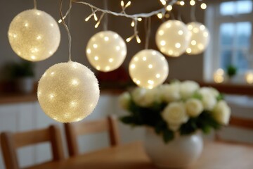 White decorative balls hanging on a string above a wooden table in a bright indoor setting.