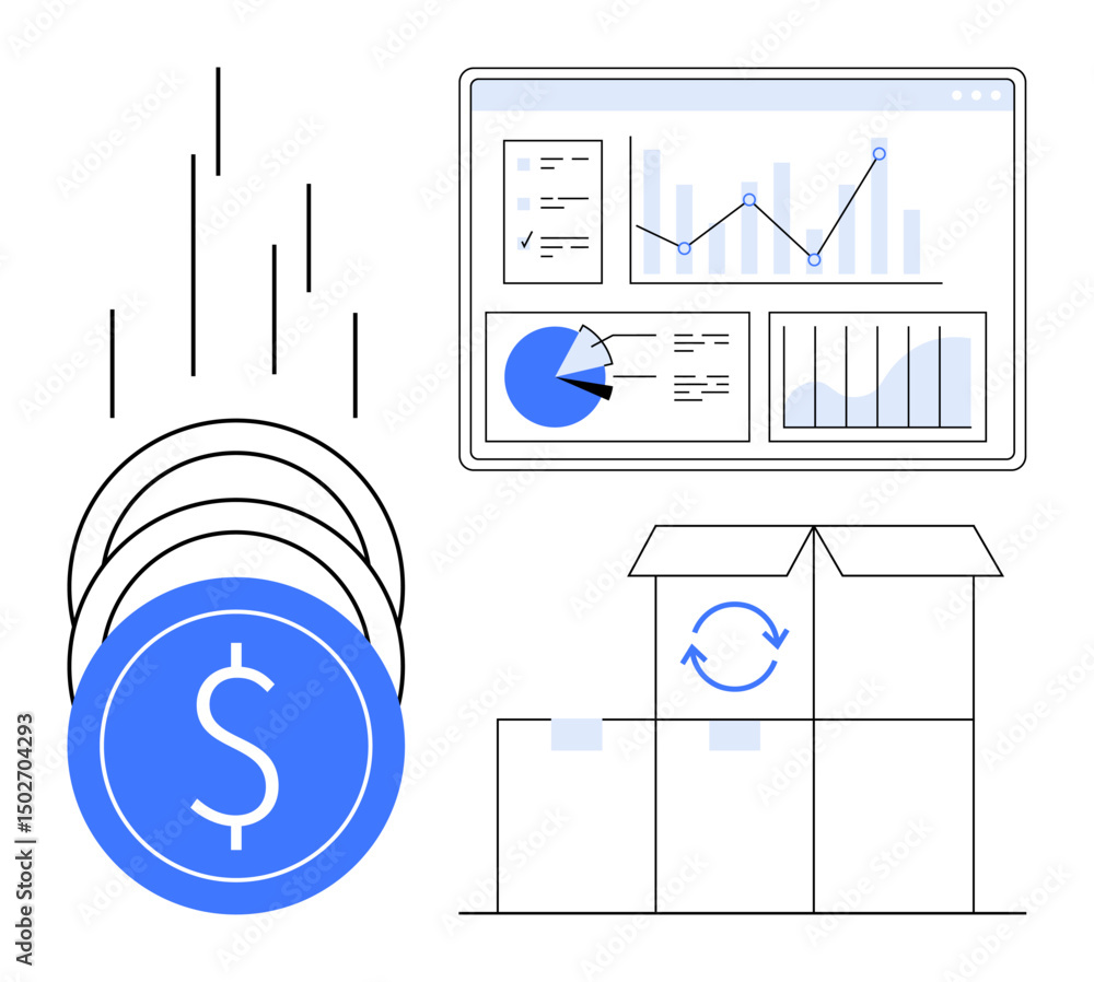 Poster graphs and pie chart on a screen, falling coins, and product boxes with rotation arrows. ideal for f
