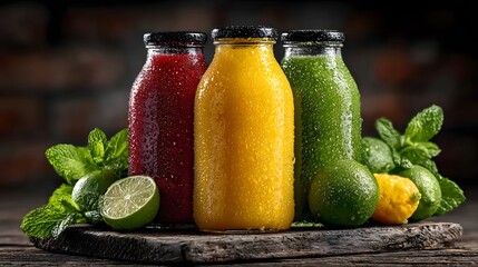 Cold-pressed juice bottles with condensation on a wooden counter beside citrus fruits