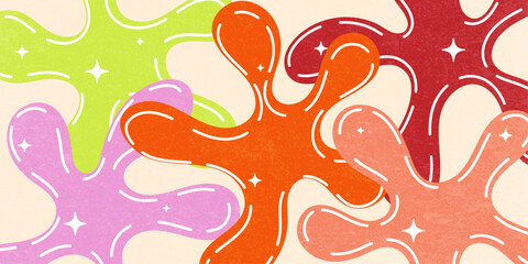 Abstract Colorful Background with Bright Spots and Stars, Groovy, Colorful Vintage Banner with Texture, Modern Design with Liquid Shapes, Summer Flyer, Vector