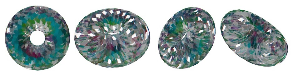 A series of glass tori with a colored diffuse effect on a white background. Modern and abstract style, creating a complex visual effect.