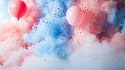 Pastel Balloons Soaring Through Festive Confetti Clouds