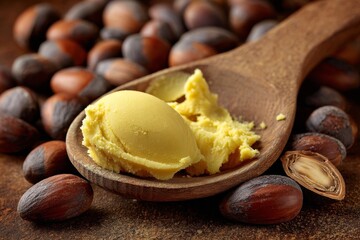 Fototapeta premium A close-up image features shea butter in a spoon and bowls set against a wooden background