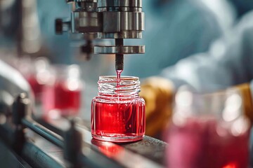The manufacturing and packaging process of cosmetic items is underway, with a factory worker, clad in gloves and a gown, carefully filling a plastic jar with a white face or body cream