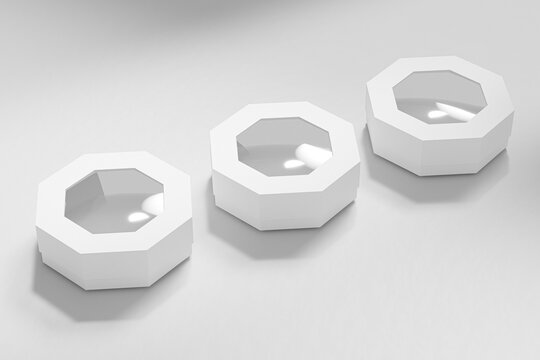 Octagon shape paper box mockup, luxury gift box with window display, white paperboard rectangular packaging, octagonal cardboard box with clear pvc window, elegent perfume packaging