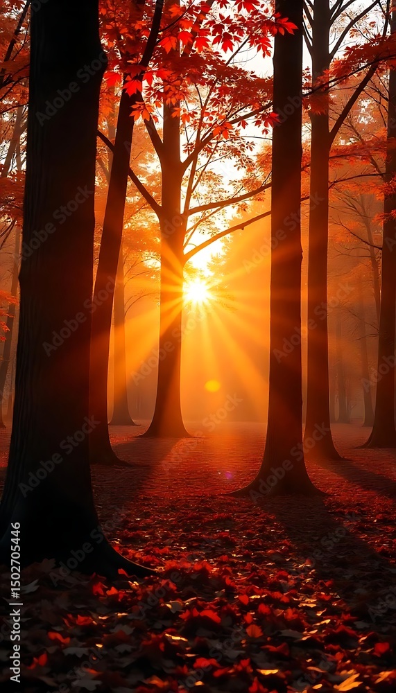 Poster generative ai autumnal forest sunlight filtering through trees with fallen leaves