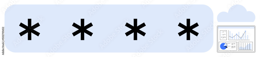 Poster password field represented by asterisks, cloud icon, and analytics dashboard with charts. ideal for 