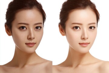 A young Asian woman's skin is shown to dramatically improve from being plagued by wrinkles and acne to becoming perfectly smooth and clear