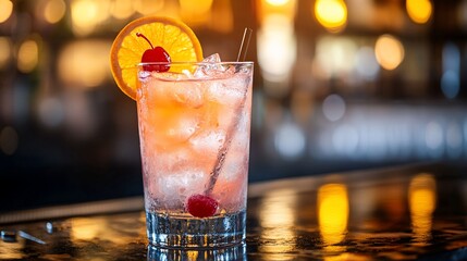Iced Cocktail with Orange and Cherry Garnish in a Glass