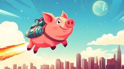 Digital illustration of a cartoon pig flying through the air with a rocket-powered jetpack over a cityscape.