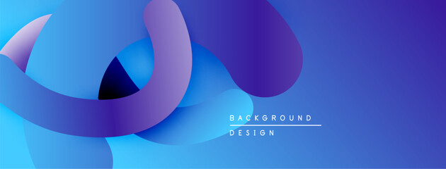Abstract fluid shapes overlap, creating vibrant blue purple gradients. Modern design suggests movement, depth, visual interest.