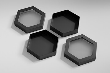 black hexagon shape paper box mockup, luxury gift box with window display, black paperboard rectangular packaging, hexagonal cardboard box with clear pvc window, elegent honeycomp shape packaging