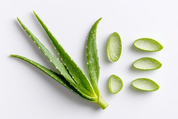Aloe vera leaf and slices are set against a white background, allowing space for text, representing a natural treatment