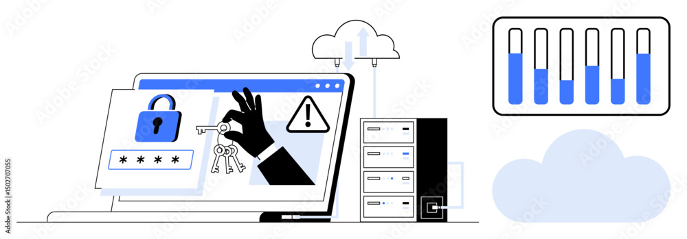 Poster cybersecurity concept with lock, keys, warning symbol on laptop, chart and server setup in cloud. id