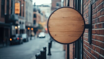 Empty wooden sign on brick building exterior