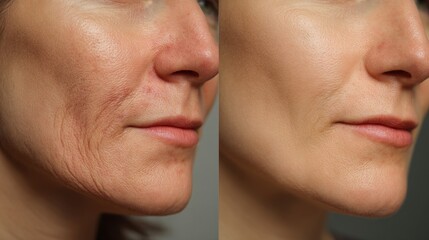 A young woman's face is shown before and after undergoing acne treatment, highlighting pimples, red scars, and a rash on her cheeks and chin, illustrating problem skin and the importance of proper