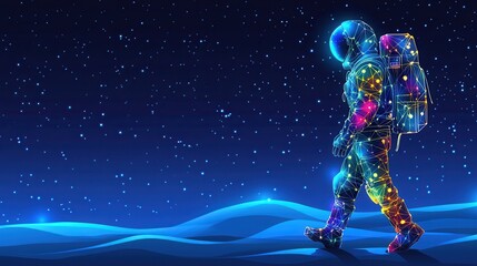 Astronaut walking on a colorful alien landscape outer space digital art night sky futuristic concept