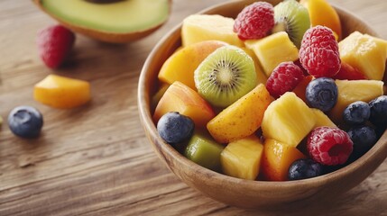 Vibrant Summer Fruit Salad in Rustic Wooden Bowl