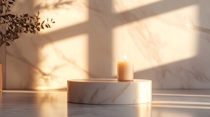 3D render of a lit candle on a marble pedestal in a sunlit room with dramatic shadows.