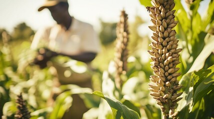 Harvesting Hope: A Farmer Tending to a Field of Golden Seed Pods